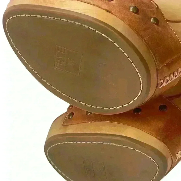FRYE Fran X Stich Women Platform Brown Leather Wooden Heels Sandals Size 8.5 M - Picture 5 of 11
